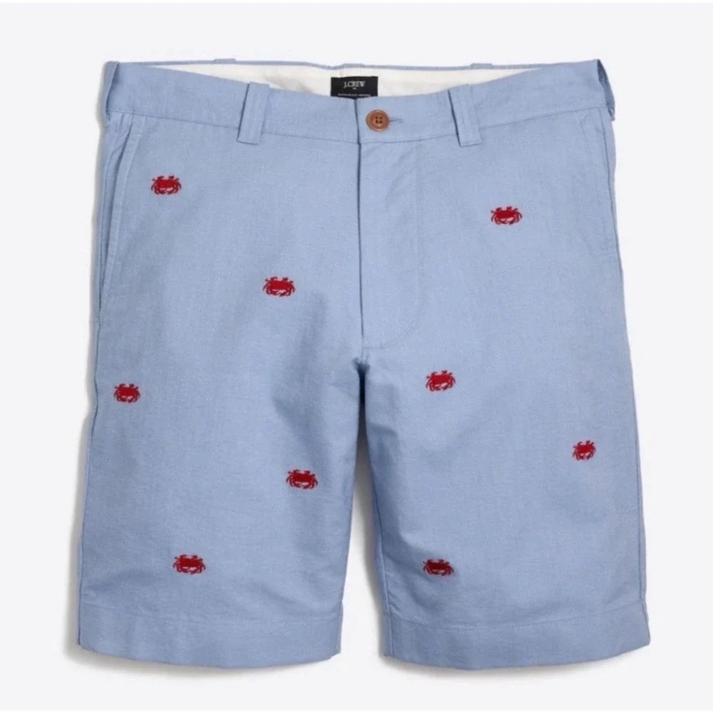 J.Crew Oxford Shorts Mens 31 Blue Red Crab Embroidered 9